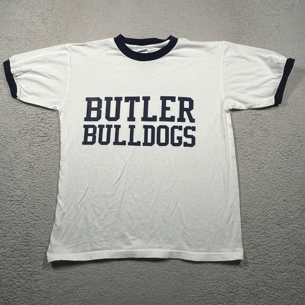 Vintage 90s Anvil Butler Bulldogs T Shirt Youth XL White Ringer NCAA FLAW